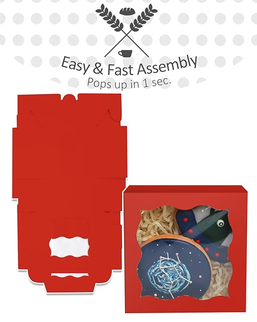qiqee Red Bakery Box with Window 4x4x2.5 inch 30Packs Macaron Boxes Small Donut Pastry Boxes for Party Mini Cookie Boxes