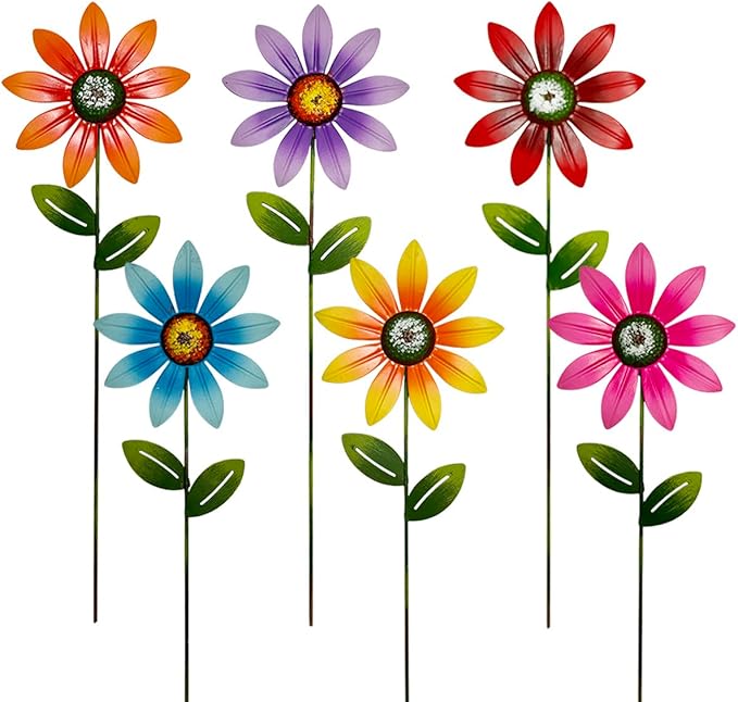 Metal Garden Flower Stakes, Outdoor Yard Art Decorations, 16.5 inch Height, Set of 6 Colorful Daisies (Angular Petals)
