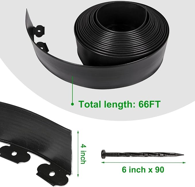 4 Inch Tall Garden Edging Border 66FT with 90pcs Spikes, Plastic Edging Border for Landscaping, Lawn, Garden, Flower Beds, Paver, Pathway