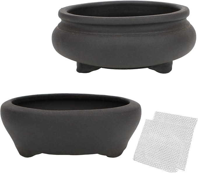 Bonsai Planter 2 pc 3.7" + 3.9" Unglazed Round Ceramic Succulent Pots Set