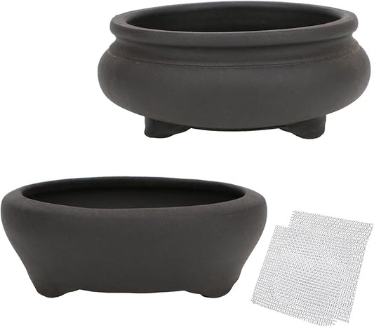 Bonsai Planter 2 pc 3.7" + 3.9" Unglazed Round Ceramic Succulent Pots Set