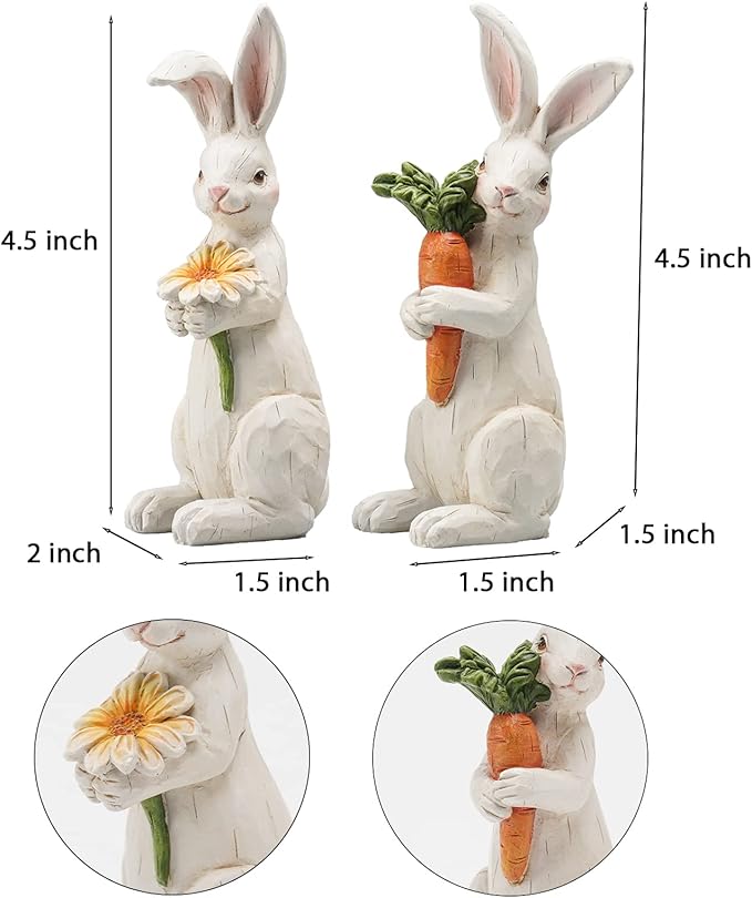 Newman House Studio Easter-Decorations Bunny-Decor Spring-Figurines Table-Centerpiece - 2PC Spring Decorations Resin Rabbits with Carrot and Flower Tabletop Ornaments for Home Farmhouse 4.5H inch