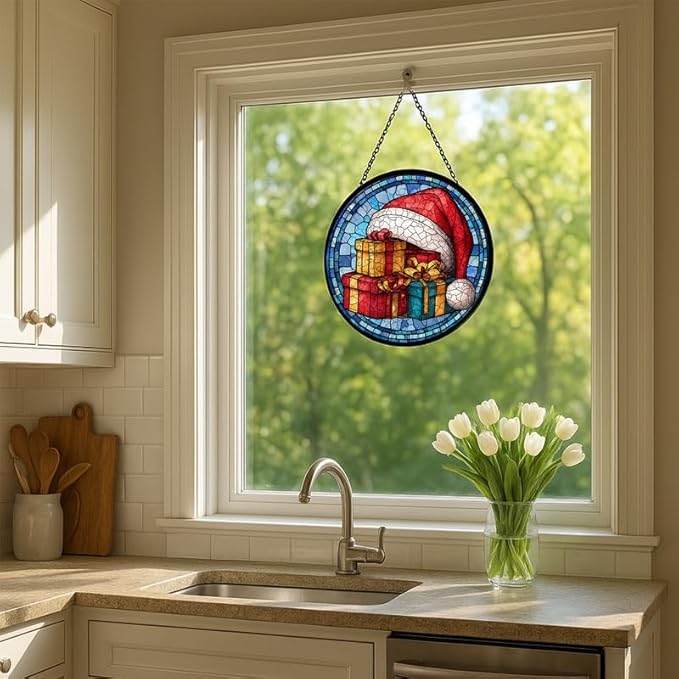 Stained Glass Window Hanging – 9.8 in Santa Hat & Gifts Panel with Chain， Bathroom Front Door Living Room Garden Decor， Gift for Mom Wife Lovers