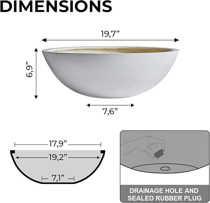 6.9"H x 19.7"D Round Bowl Fiberstone Planter for Succulent and Lotus, Christmas Tree Planter, Weather Resistant for Indoor & Outdoor Use, Included 2 Extra Coco Mats (White,17.9" Pot Opening)