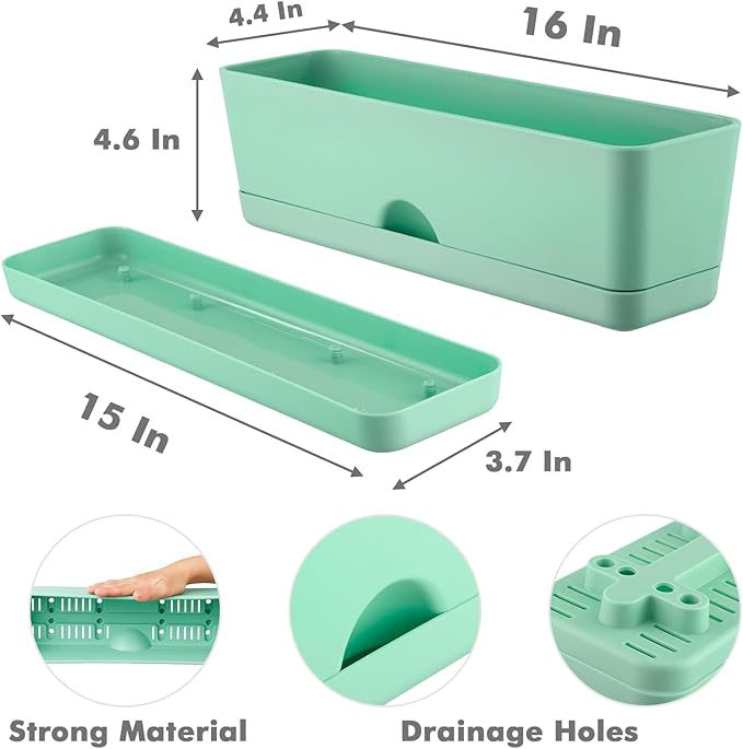 6-Pack Large Window Boxes Planters 16 Inch Rectangle Plant Box Rectangular Plant Pots for Outdoor and Indoor Plants Plastic Windowsill Planter for Herbs Vegetable Flowers Long Window Sill Planters