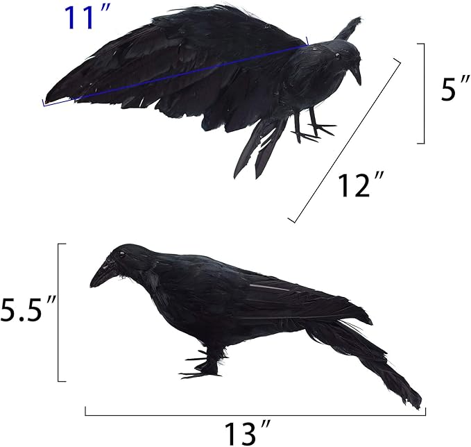 Etistta 2-Pack Realistic Crows Lifesize Extra Large Handmade Black Feathered Crow for Halloween Decorations Birds, L (13 inch+12 inch)