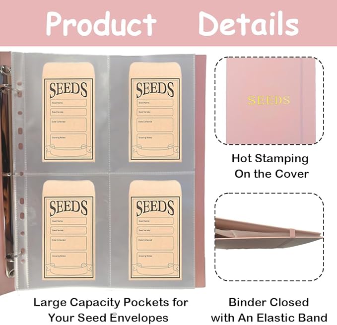 Seed Storage Organizer Binder, 3 Ring Seed Packet Organizer with 100 Clear Pockets(25 Pack Sheet Sleeves), Garden Seed Holder Book for Seed Envelopes Card, Plant Seed Saver, Flower Seed Keeper(A4)