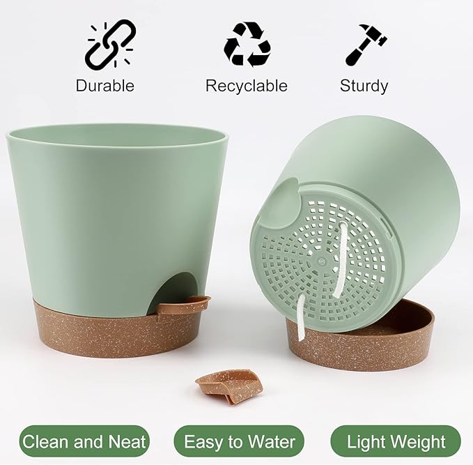 Indoor Self Watering Planters with Drainage Holes and Saucers, 8, 7, 6.5, 6, 5.5, 5 Inches, Green, 6 Pots.