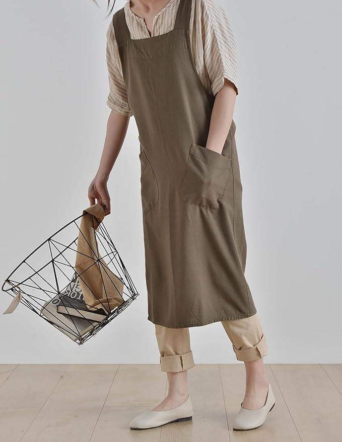 Cotton Linen Apron Cross Back Japanese Smock for Women Cooking With Pockets Pinafore Dress Kitchen Baking Gardening