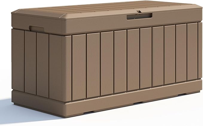 Patiolife 85 Gallon Resin Deck Box, Wood Like Outdoor Storage Box for Garden Tools, Pool Supplies, Waterproof and Lockable, Brown