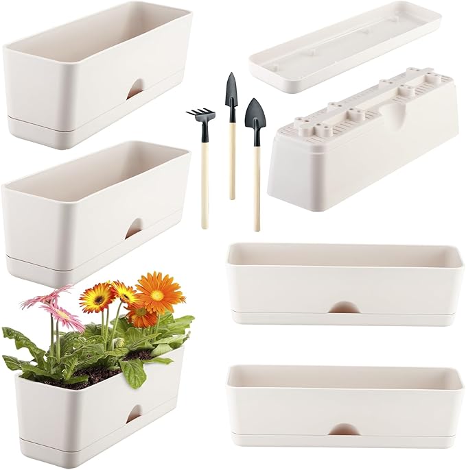6-pack Large Window Boxes Planters 16 Inch Rectangle Plant Box Rectangular Planters for Outdoor and Indoor Plants Plastic Windowsill Planter for Herbs Vegetable Flowers Long Window Sill Planters