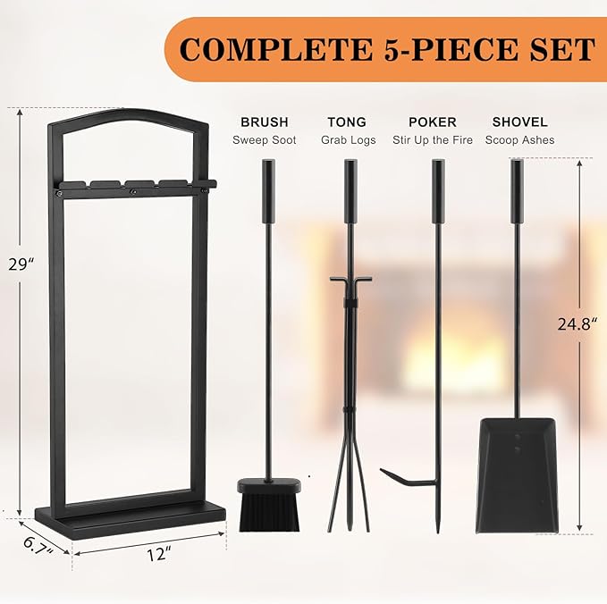 Gtongoko 5 Pieces Fireplace Tools Set with Stand, Outdoor Fire Tools for Fireplace with Poker, Shovel, Brush, Tong and Base, Fireplace Accessories Fire Place Set Tools, Black