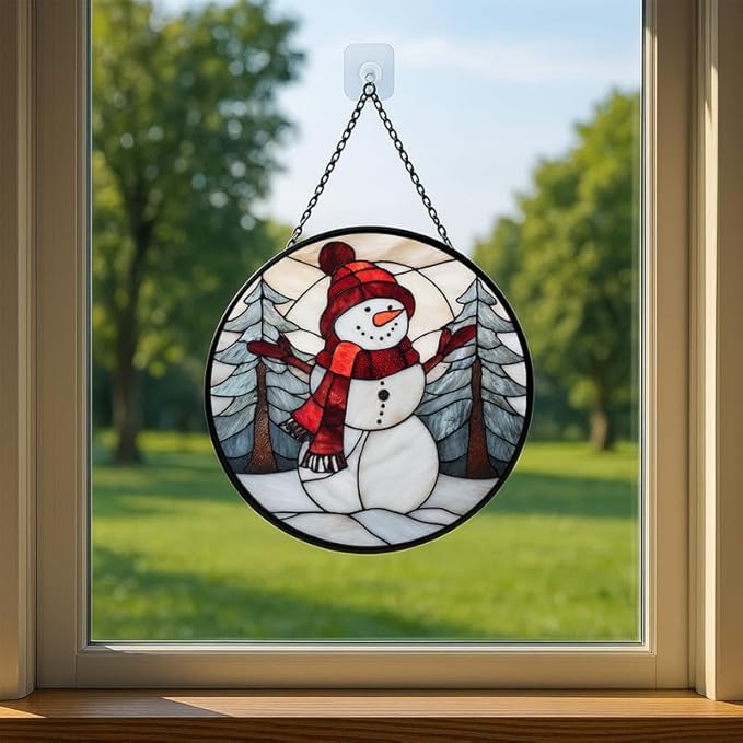 Stained Glass Window Hanging – 11.8 in Snowman Panel with Chain， Bathroom Front Door Living Room Garden Winter Christmas Decor， Gift for Mom Wife Lovers