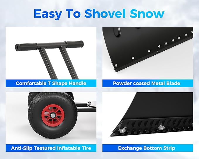 Garvee 29" Snow Pusher Shovel with Wheels,Heavy Duty Steel Snow Shovel with Wheels,Angled Blade Efficient Snow Removal With5-Position Angled Blade & Adjustable Handle for Doorway, Sidewalk,Black