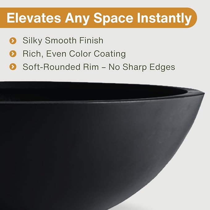 7.7"H x 22"D Round Bowl Fiberstone Planter for Succulent and Lotus - Christmas Tree Planter, Weather Resistant for Indoor & Outdoor Use, Included 2 Extra Coco Mats (Black, 19.9" Pot Opening)