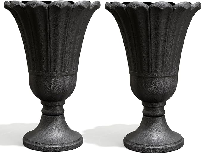 Tall Plastic Urn Planters for Outdoor Plants Set of 2-23.6" H Classic Petal Design Indoor Large Flower Pots with Drainage Holes, Outdoor Planters for Porch Decor/Garden Vase, Black