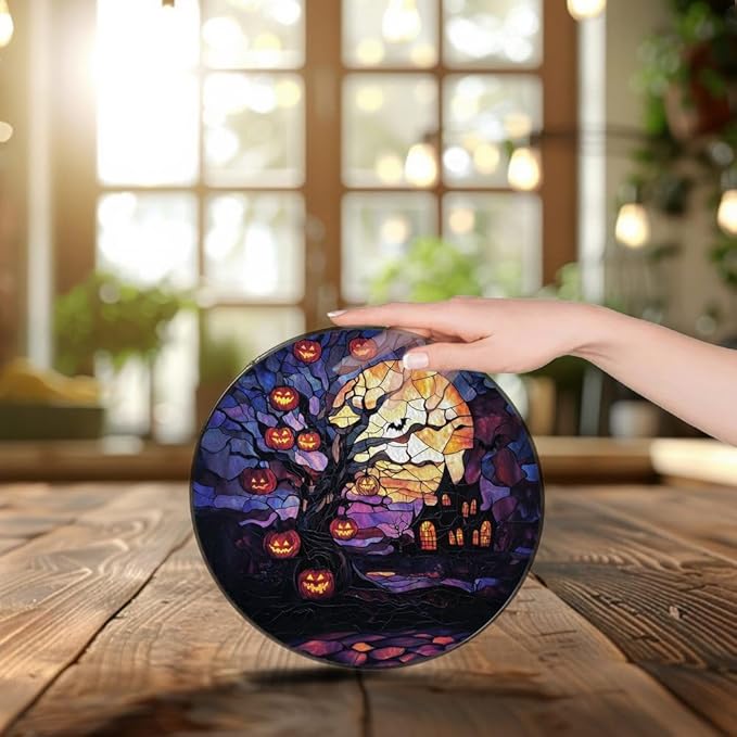 Stained Glass Scary Halloween Ornaments Suncatcher - Scary Halloween Decor Gifts for Women Men Spooky Lovers - Window Hanging Decorations for Home Wall Kitchen - Christmas Birthday Housewarming Gift