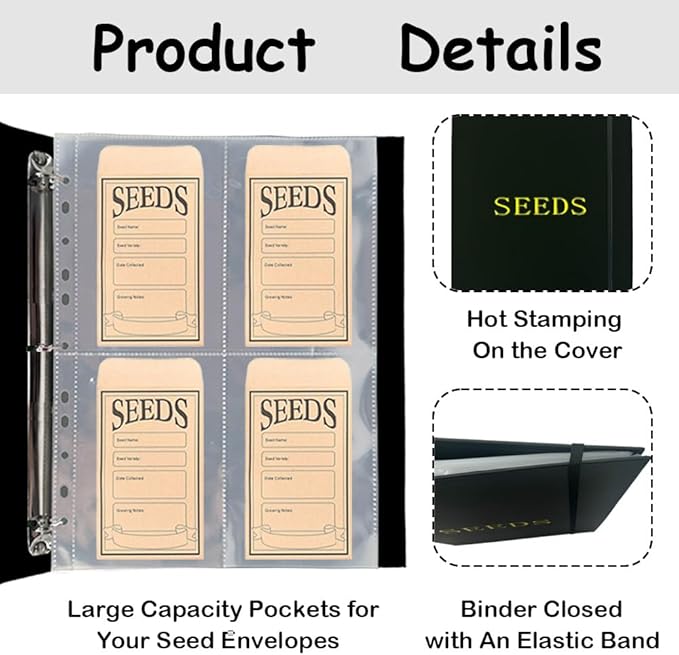 Seed Storage Organizer Binder, 3 Ring Seed Packet Organizer with 100 Clear Pockets(25 Pack Sheet Sleeves), Garden Seed Holder Book for Seed Envelopes Card, Plant Seed Saver, Flower Seed Keeper(A4)