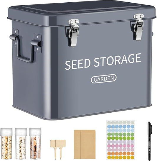 Blulu 85 Pcs Seed Storage Organizer 3 Compartment 30 Slot Metal Seed Saving Box with Lid and Lock with 1 Marker Pen, 20 Plant Labels, 30 Envelopes, 30 Bottles, Stickers for Garden Flower Plant(Grey)