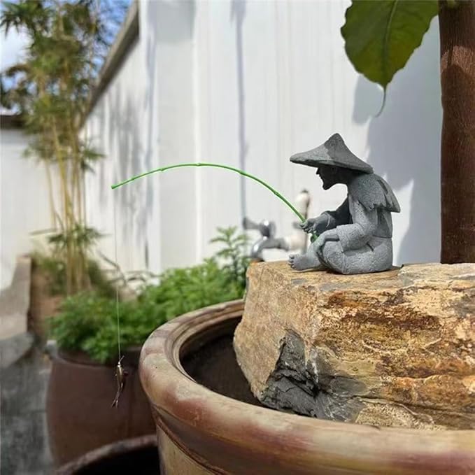 livelyfish Mini Fisherman Statue Asian Zen Decoration Sitting Fishing Figurines Sandstone Vintage Ornament for Aquarium Fish Tank Pot Garden Home Japanese Decor, C