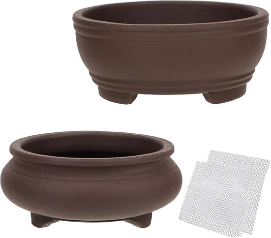 Bonsai Planter 2 pc 3.9" + 4.1" Unglazed Round Ceramic Succulent Pots Set