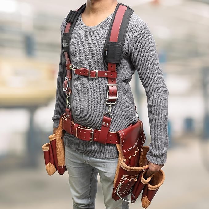 Falcon Gears Leather Tool Belt Suspenders Heavy-Duty Adjustable Harness with Padded Support, 4 Rig Loops, Front Hook for Work