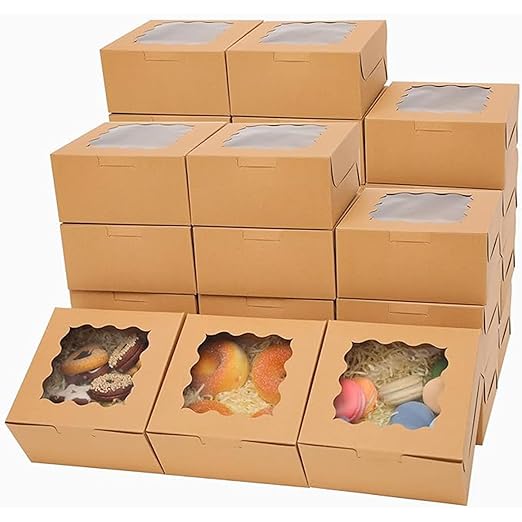 Bakepacker 100pcs Kraft Bakery Boxes with Window 6x6x3 inches Thick & Sturdy Macaroon Pastry Boxes Cookie Boxes for Bakerys