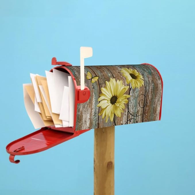 Rustic Daisy Board Mailbox Cover Magnetic, Yellow Sunflowers Vintage Wood Grain Plank Mailbox Wrap Letter Post Box Cover for Yard Garden Outside Home Decor, Large Size 25.5x21 Inch