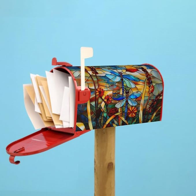 Stained Glass Dragonfly Mailbox Covers Magnetic Fall Mail Box Post Wrap Standard Size 18 X 21 Floral Spring Summer Mailing Boxes Seasonal Decorations for Autumn Thanksgiving Decor