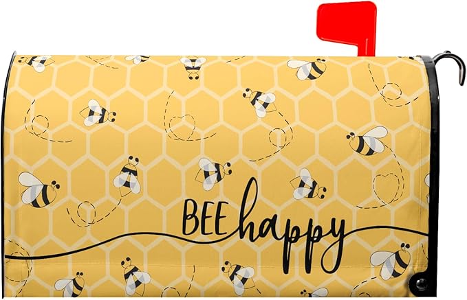 Spring Bee Happy Mailbox Cover Magnetic 25.5x21 Inch Summer Yellow Honeycomb Decorative Waterproof Mailbox Wrap Farmhouse Letter Post Cover Large Size for Garden Yard Outside