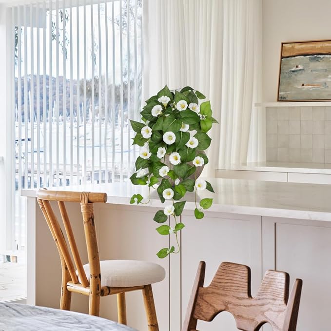 Briful Fake Hanging Flowers 2 Pack 25.6" Artificial Morning Glory Silk Floral Bush Faux Hanging Vine Plants Outdoor Fake Flowers for Home Office Outside Planter Porch Patio Yard Garden Decor(White)