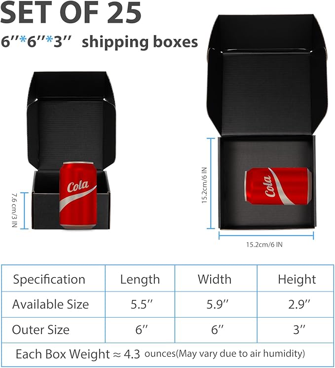 Small Shipping Boxes 6x6x3 Inch (25 Pack) - Sturdy Black Corrugated Cardboard Boxes for Small Business, Ecommerce, Mailing & Packaging | Recyclable Gift & Storage Boxes