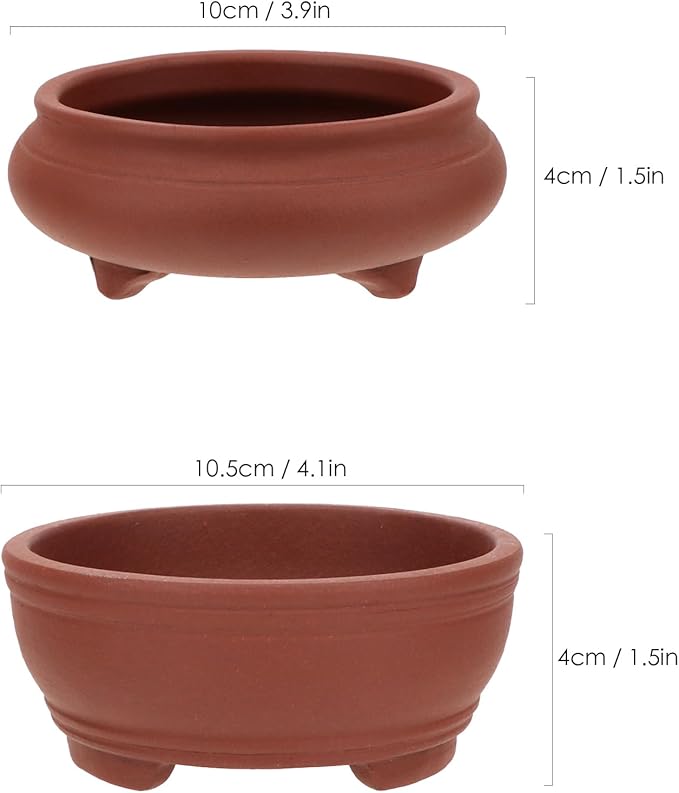 Bonsai Planter 2 pc 3.9" + 4.1" Unglazed Round Ceramic Succulent Pots Set
