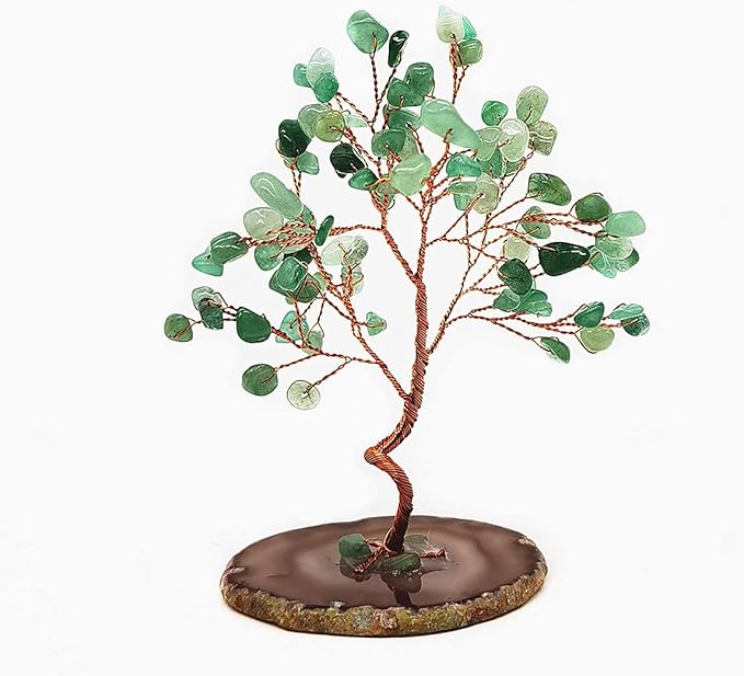 Quartz Crystal Feng Shui Money Tree Natural Agate Flakes Geode Base Bonsai Style Decoration for Luck and Wealth 3.6"- 4.6"(Green)