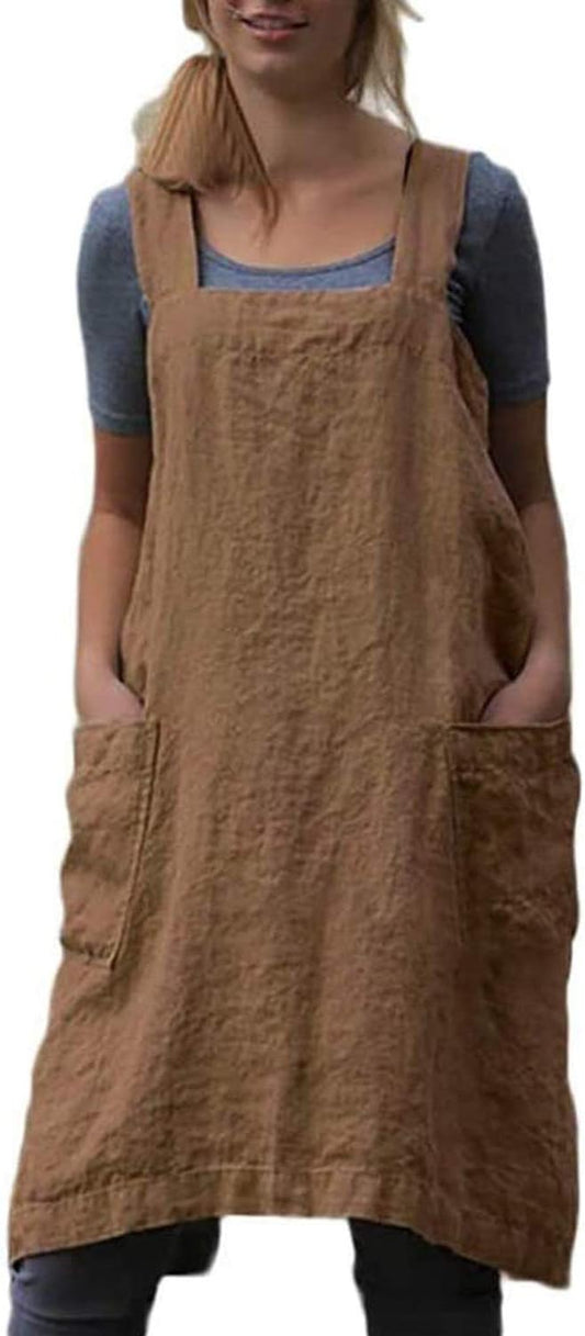 Cotton Linen Apron Cross Back Baking Cooking Gardening Apron for Women with Pockets Pinafore Dress