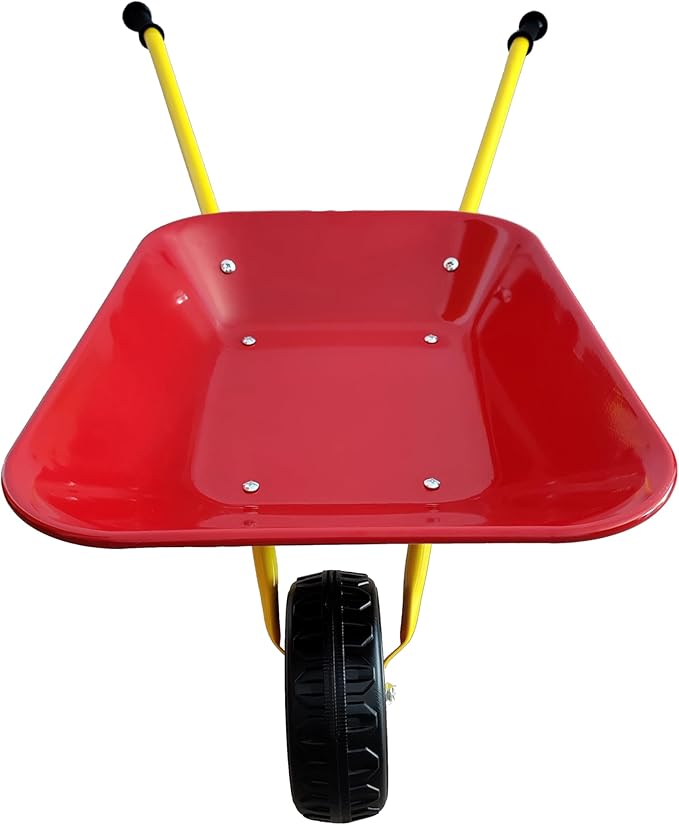 Red Metal Wheelbarrow, Easy Loading and Dumping Garden Cart with Steel Tray, Durable Heavy Duty Utility Trolley for Transporting Leaves, Soil, Sand, and More (1 Wheel)