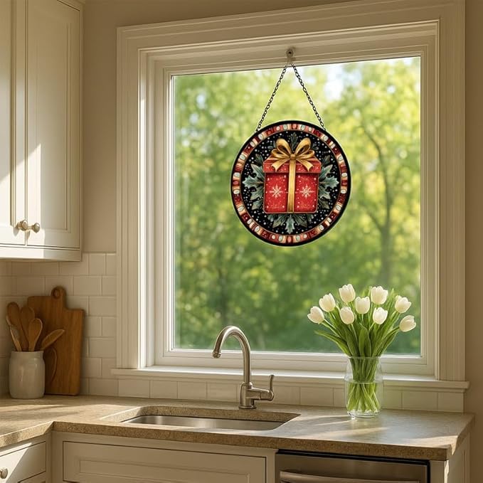 Stained Glass Window Hanging – 9.8 in Panel with Chain， Bathroom Front Door Living Room Garden Holiday Decor， Gift for Mom Wife Lovers