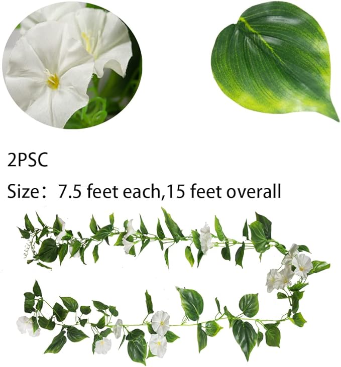 FERIAL Artificial Vines for Decoration with Flowers 2 Pcs Hanging Plants Silk Garland White Morning Glory Vine Artificial Plants Outdoors 15Feet Fake Vine Plants for Wedding Indoor Wall Fence Baskets