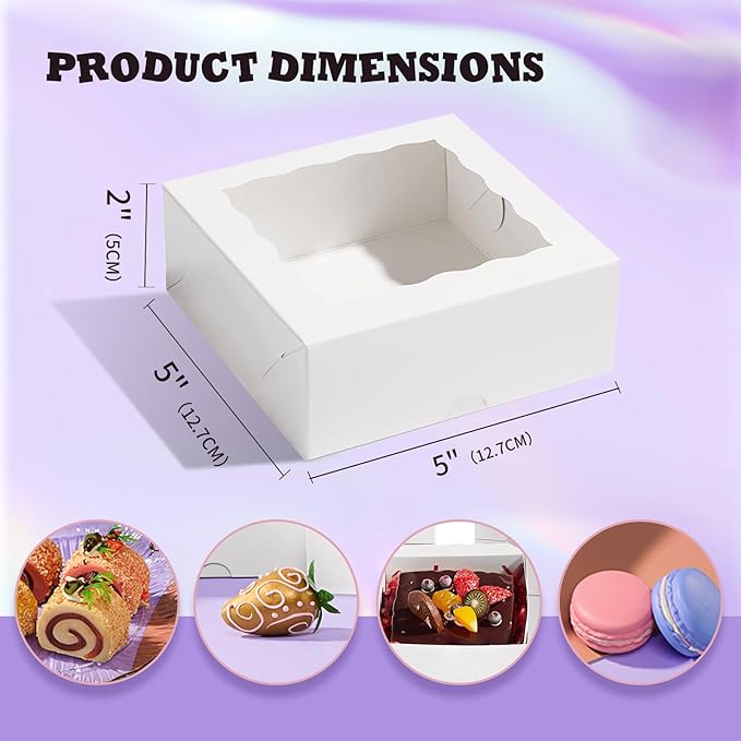 50pcs 5x5x2 Inch Window Boxes - Fits Cookies, Soap, Chocolate, Macaron, Cake & Gift Goodies