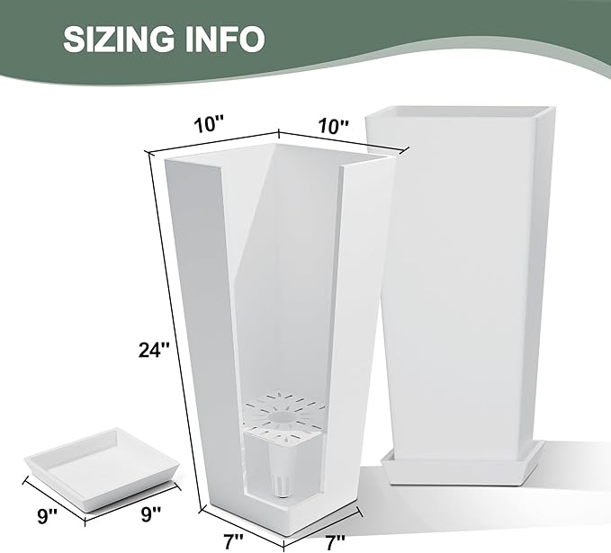 Set of 2 Tall Planters for Outdoor Plants with Drainage Tray, 24" Large Flower Pots for Front Porch Decor, Patio, Garden (White 24")