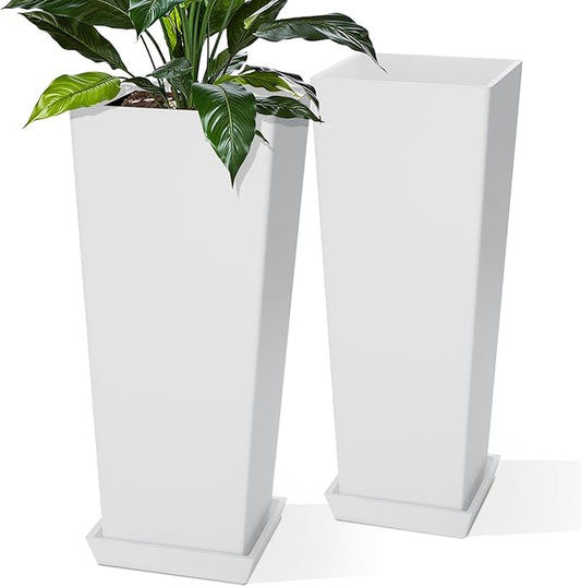 Set of 2 Tall Planters for Outdoor Plants with Drainage Tray, 24" Large Flower Pots for Front Porch Decor, Patio, Garden (White 24")