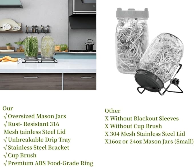 Lulonpon 4 Sprouting Jar Kit, Wide Mouth Quart Mason Jars with Stainless Steel Screen Sprout Lids, 86mm,1000ml,Stand,Tray and Canning Brush,Seed Sprouter Set for Growing Broccoli, Alfalfa, Mung Bean