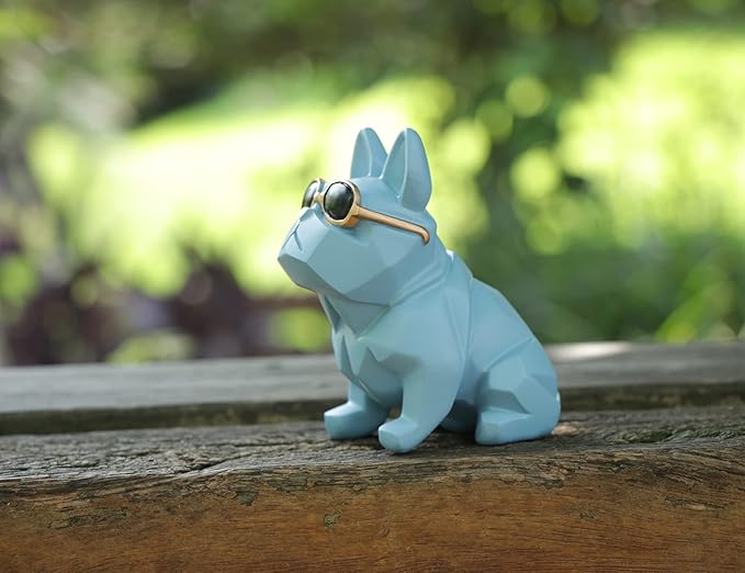 Unique Mini Geometric Dog Doggy Bulldog Figurine with Sunglasses Blue, Animal Statues, Home Garden Bar Décor Ornament