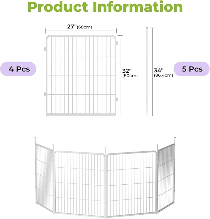 SunsGrove Garden Fence 32 in(H) x 8.9 ft(L) 4 Panels, Heavy Duty Metal Animal Barrier Fence for Dogs, Easy No-Dig Setup, Decorative Dog Fences, White
