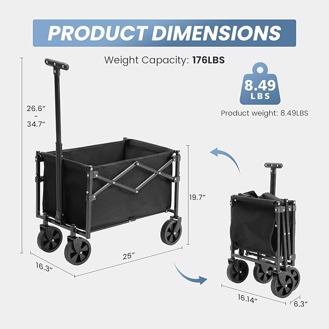 NEWBULIG Collapsible Wagon Cart with Wheels Foldable - Folding Utility Heavy Duty Wagons Carts for Grocery Sports Garden Shopping Camping Wheelbarrows