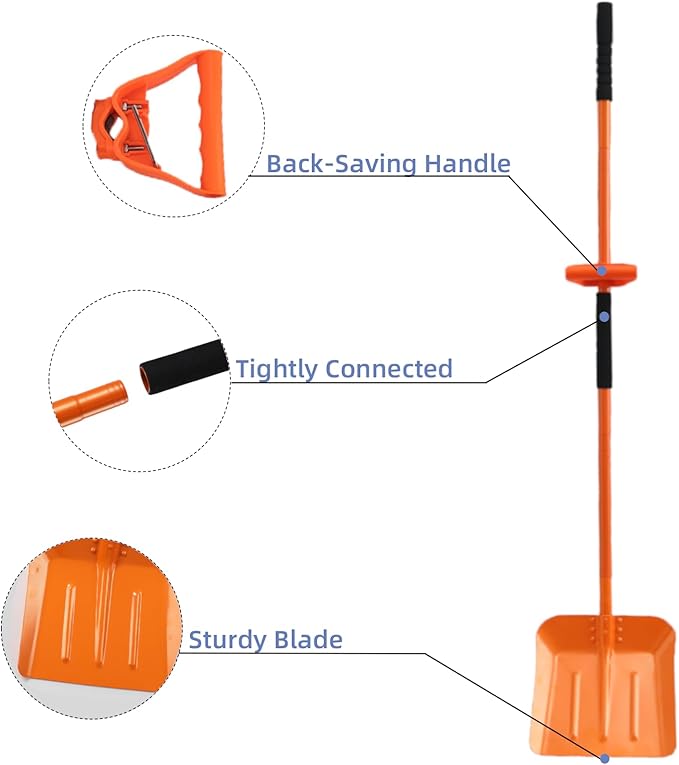 Snow Shovel for Driveway 69 Inch Portable Shovel with Back-Saving Tool Handle Adjustable Large Capacity Snow Shovel for Car Multifunctional Shovel for Cars Garden Farm, Orange
