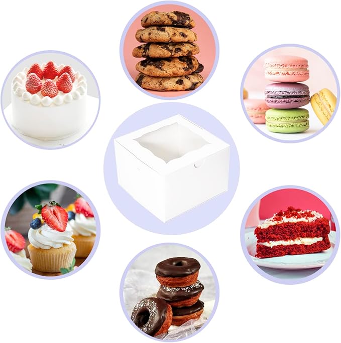 Cookie Boxes with Window 5x5x3.5 Inch[50 Pack] Premium White Bakery Boxes,Mini Treat Box, Pastry Box for Mini Bundt Cake and Individual Cheesecakes