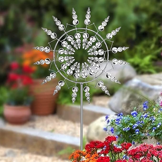 Magical Metal Windmill, Stainless Steel Windmill,Kinetic Metal Wind Spinners Garden Stake, 3D Wind Sculptures Move with The Wind Lawn Solar Wind Catcher Outdoor Patio Garden Decoration (SILVER-1PCS)
