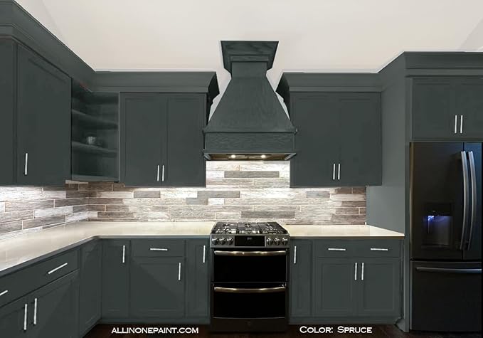 ALL-IN-ONE Paint, Durable cabinet and furniture paint. Built in primer and top coat, no sanding needed. Includes our 30 featured color card - Spruce (gray green with slight blue undertone), Gallon