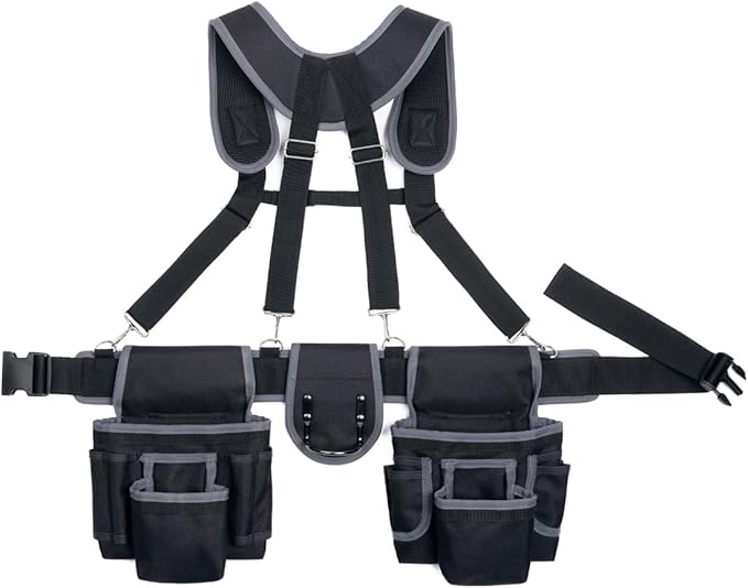 Tool Belt with Suspenders, Professional Tool Belt for Men, 18-Pocket Adjustable Heavy Duty Tool Organizer for Electrician, Carpenter, Framer, Construction Worker, Black & Blue (32''–66'')